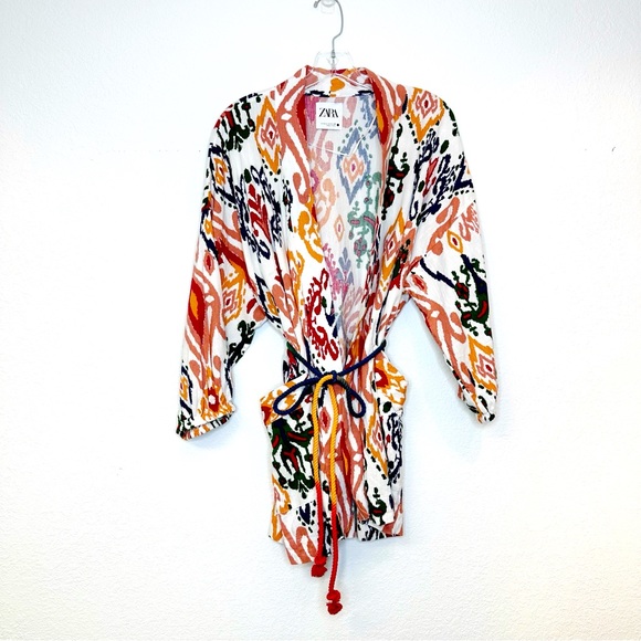 Zara Abstracted Linen Style Rope Belted Jacket Kimono Medium - Picture 1 of 3